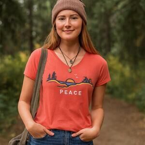 Life is Good Coral Peace Mountain V Neck Graphic Tee Shir S